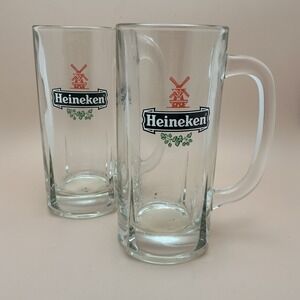 Vintage Glass Heineken 10 oz Beer Mugs, Red Windmill, Green Hops Logo-2